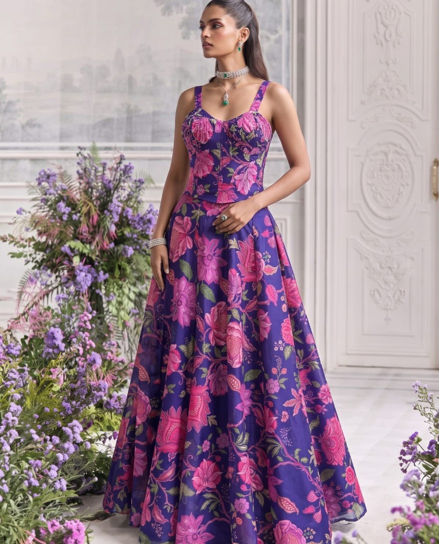 BLUE - Blue Floral Tabby Organza Party Wear Lehenga Set